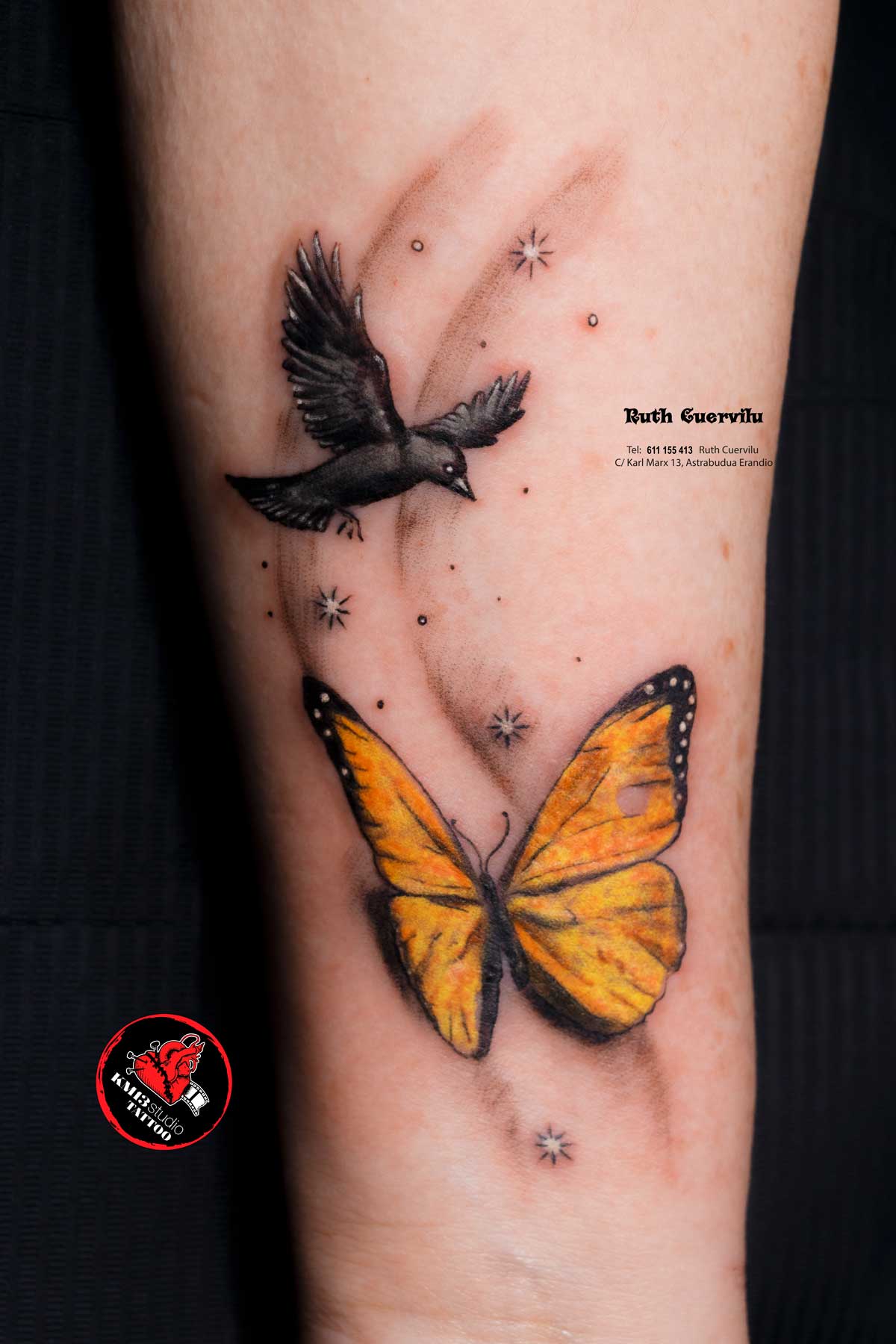Tatuaje Tatuaje de amor Mariposa y Pajaro - Ruth Cuervilu Tattoo - KM13 Studio - estudio de tatuajes erandio astrabudua bilbao bizkaia