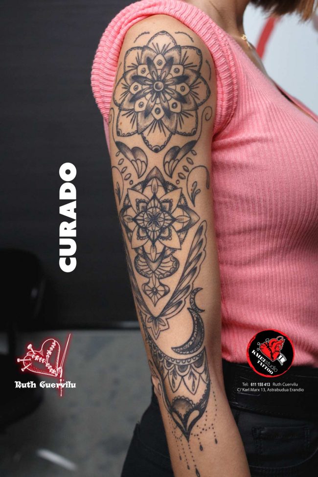 Tatuaje Manga brazo Mandala curado- Ruth Cuervilu Tattoo - KM13 Studio - estudio de tatuajes erandio astrabudua bilbao bizkaia