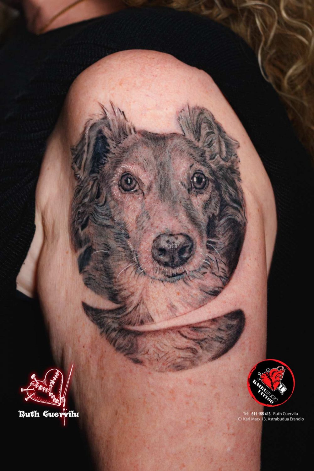 Tatuaje Retrato Perra Mascota Dama - Ruth Cuervilu Tattoo - KM13 Studio - estudio de tatuajes erandio astrabudua bilbao bizkaia