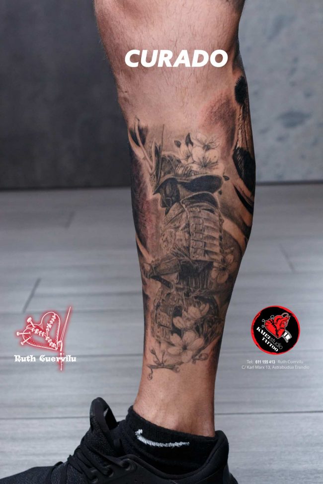 Tatuaje Samurai, Panda, Carpa, pierna sesin - Ruth Cuervilu Tattoo - KM13 Studio - estudio de tatuajes erandio astrabudua bilbao bizkaia
