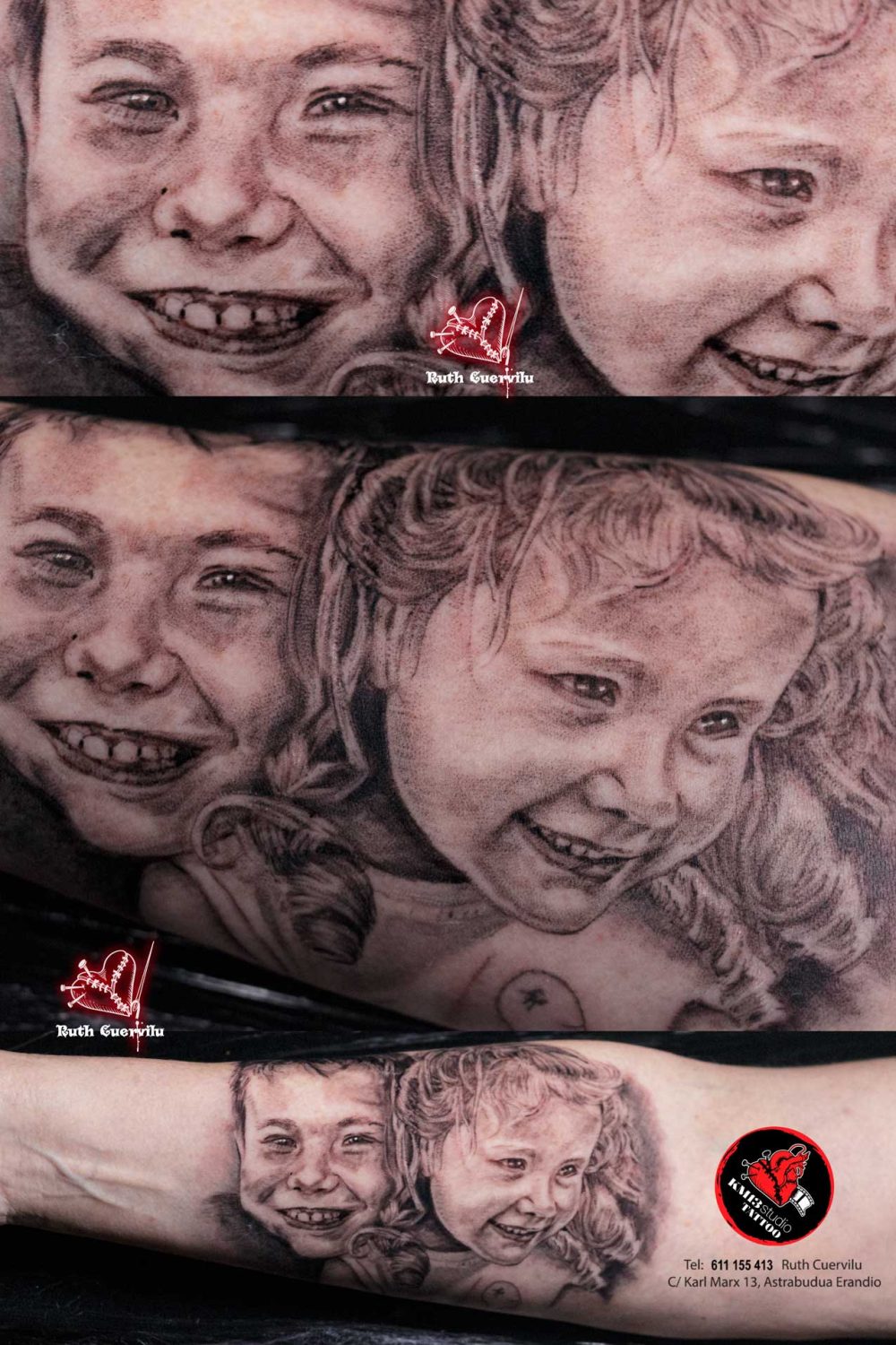 Tatuaje Retrato realismo de sus hijos - Ruth Cuervilu Tattoo - KM13 Studio - estudio de tatuajes erandio astrabudua bilbao bizkaia