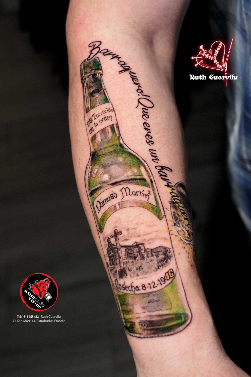 Tatuaje Botella Sidra, Ermita y vaso Sidra, barraquero - Ruth Cuervilu Tattoo - KM13 Studio - estudio de tatuajes erandio